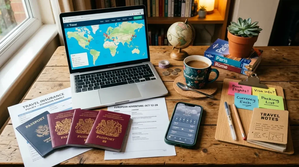 A cozy travel planning scene with a laptop showing a world map, passports, travel insurance, phone, globe, books, coffee, coins, and travel notes on a wooden table.