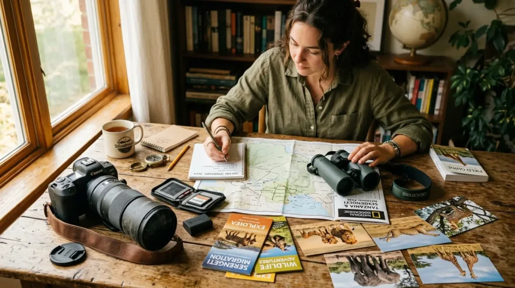 A woman sits at a wooden table with a camera, binoculars, and travel brochures, writing in a notebook. The scene conveys exploration and adventure.