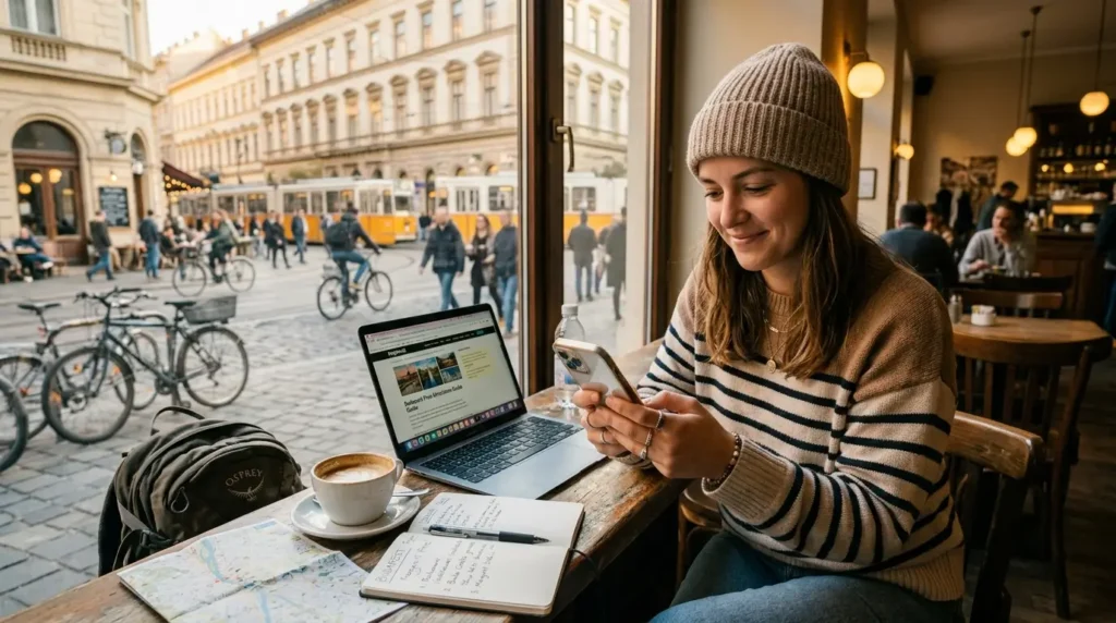 A woman in a cozy café smiles at her phone, with a laptop open and notebook on the table. Outside, a lively street scene with trams and bicycles unfolds.
