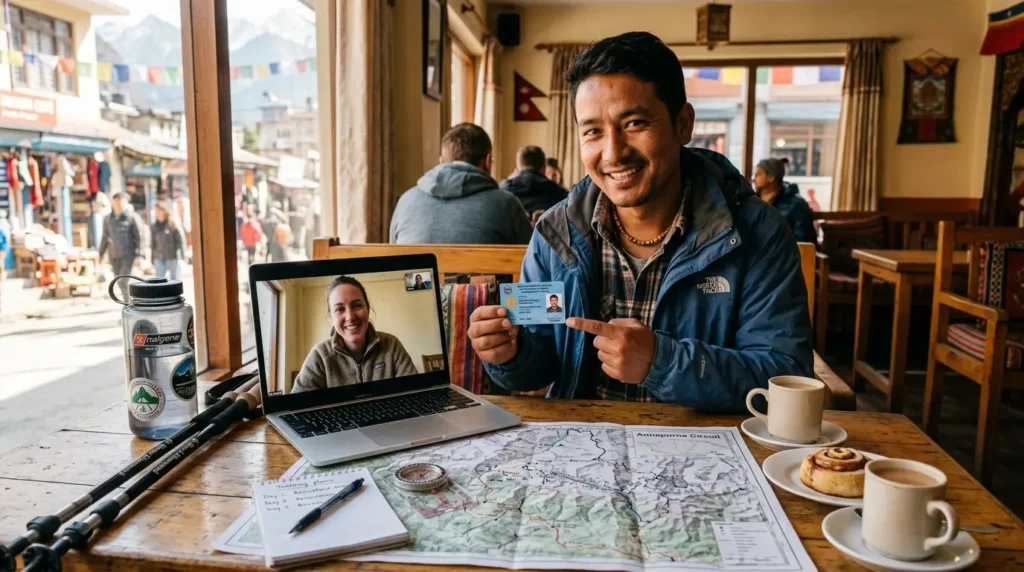 A smiling man in a cafe holds an ID card, sitting next to a laptop showing a video call. A trekking map, notebook, and cups of coffee are on the table.