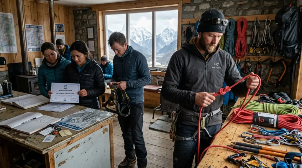 A group of climbers in a rustic mountaineering hut, surrounded by gear and maps. One person ties a rope knot; others inspect equipment. Snowy peaks visible through window convey a sense of adventure and preparation.