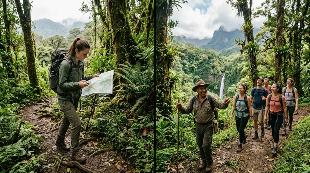 A woman studies a map on a lush forest trail; nearby, a guide leads a happy group past a waterfall, conveying adventure and camaraderie in nature.