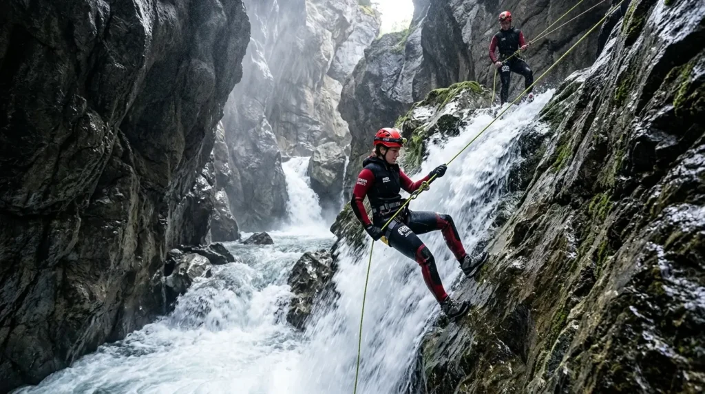 Two canyoners in wetsuits and helmets rappel down a rocky waterfall, surrounded by steep canyon walls, conveying adventure and focus.