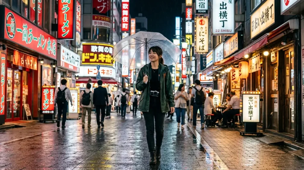 A person smiles while walking with a clear umbrella on a rainy night in a vibrant, neon-lit street filled with people and illuminated shop signs in Tokyo.