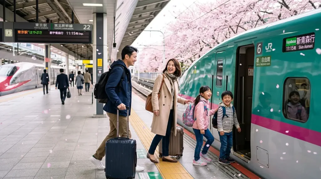 Family smiles while boarding a green train under cherry blossoms at a station. They carry luggage, creating a joyful, travel-ready atmosphere.