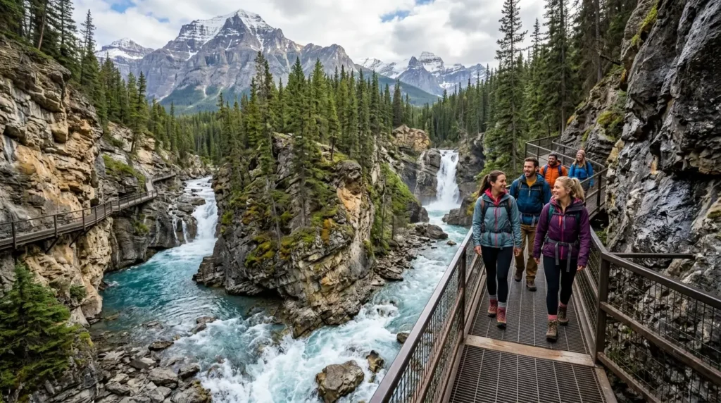 Group of hikers on a metal walkway in a scenic mountain landscape with a waterfall, pine trees, and a turquoise river, conveying adventure and tranquility.