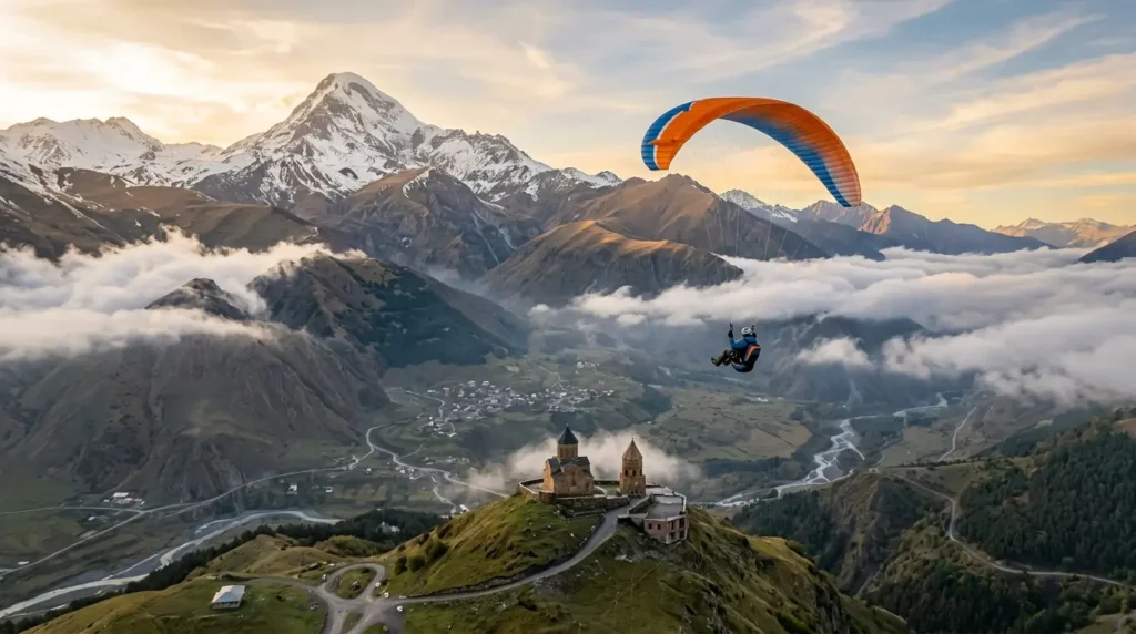 Paraglider soaring over a mountain landscape with snow-capped peaks, scattered clouds, and a historic church below at sunrise, conveying adventure and serenity.