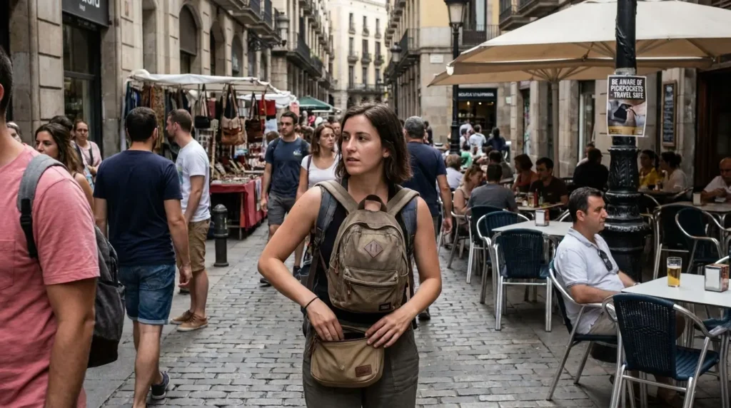 A woman with a backpack walks through a bustling European street market, surrounded by people and outdoor cafes. The scene feels lively and vibrant.
