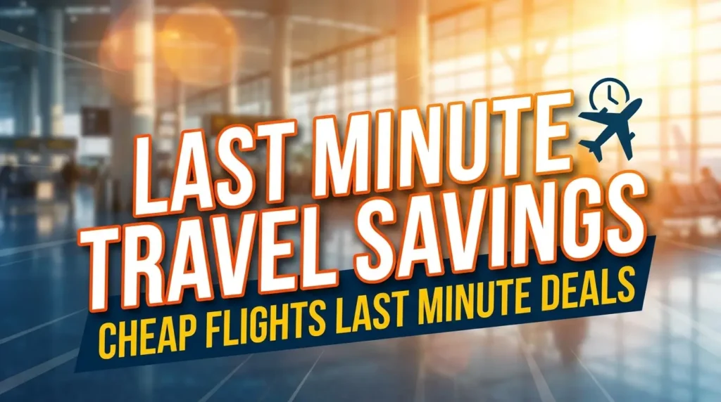 Text reads "Last Minute Travel Savings: Cheap Flights Last Minute Deals." Background features a sunlit airport terminal with blurred travelers.