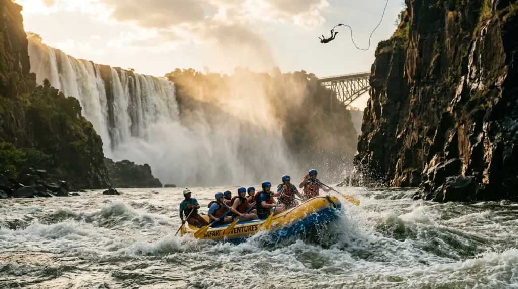A group of people navigate a rushing river in a yellow raft, wearing helmets and life vests. Background features a large waterfall and a person bungee jumping from a bridge. The scene is dynamic and adventurous.