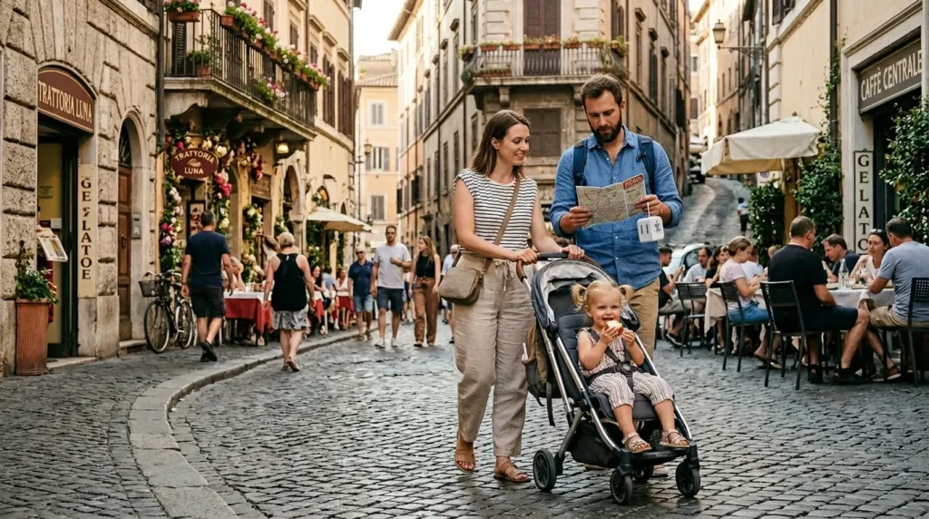 Family traveling with a toddler in a stroller while exploring a European city street with outdoor cafes and cobblestone roads.