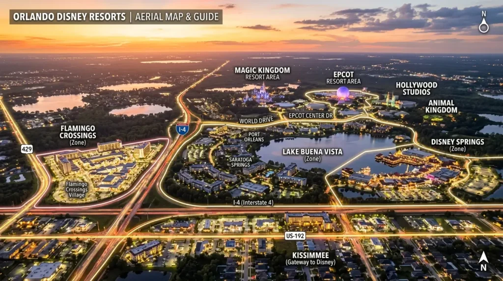 Aerial view of Orlando Disney Resorts at sunset, showing key areas like Magic Kingdom, EPCOT, and Disney Springs, highlighted with glowing paths.