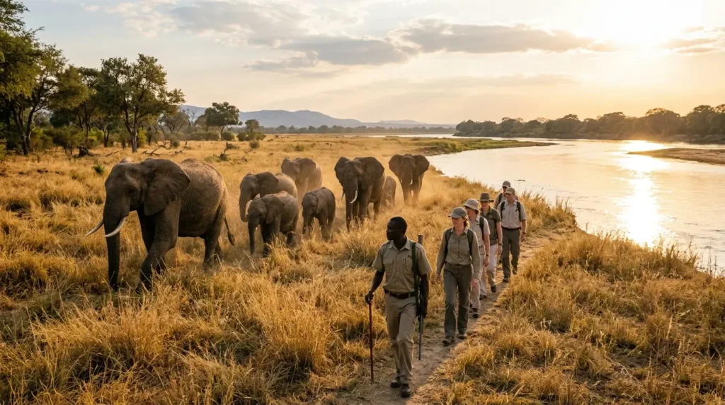 A group of people in safari gear walk along a grassy path beside a river at sunset, led by a guide. Elephants walk parallel in the golden light.