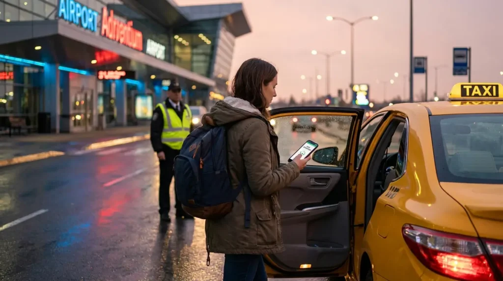 A woman with a backpack stands by a yellow taxi, looking at her phone, outside a modern airport terminal at dusk. A security guard is in the background.