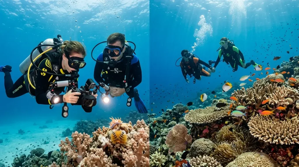 Two scuba divers explore a vibrant coral reef, surrounded by colorful fish and marine life. They are engaged and focused, capturing underwater beauty.