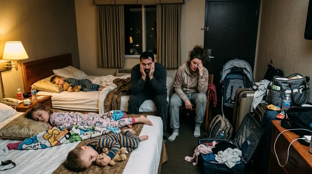 A tired couple sits between two beds in a cluttered hotel room, surrounded by sleeping children. The mood is exhausted, and the space is cramped.