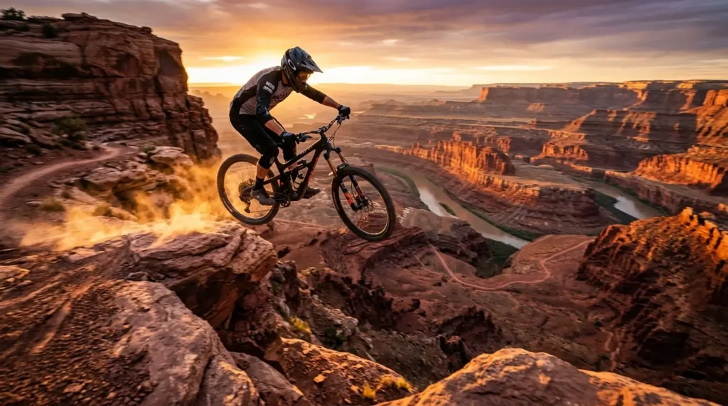 Mountain biker in mid-air during a sunset ride on a rugged canyon trail, dust trailing behind. The landscape is expansive, with winding rivers below.