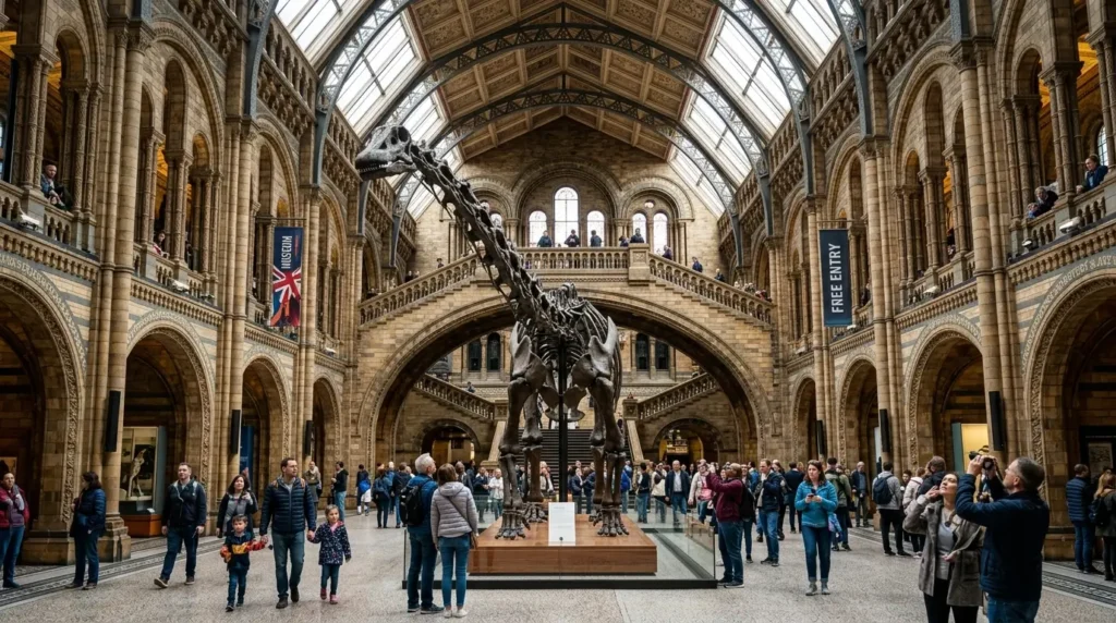 Grand hall of a museum with a dinosaur skeleton center. Visitors explore, taking photos. Arched windows and banners add a historic and welcoming tone.
