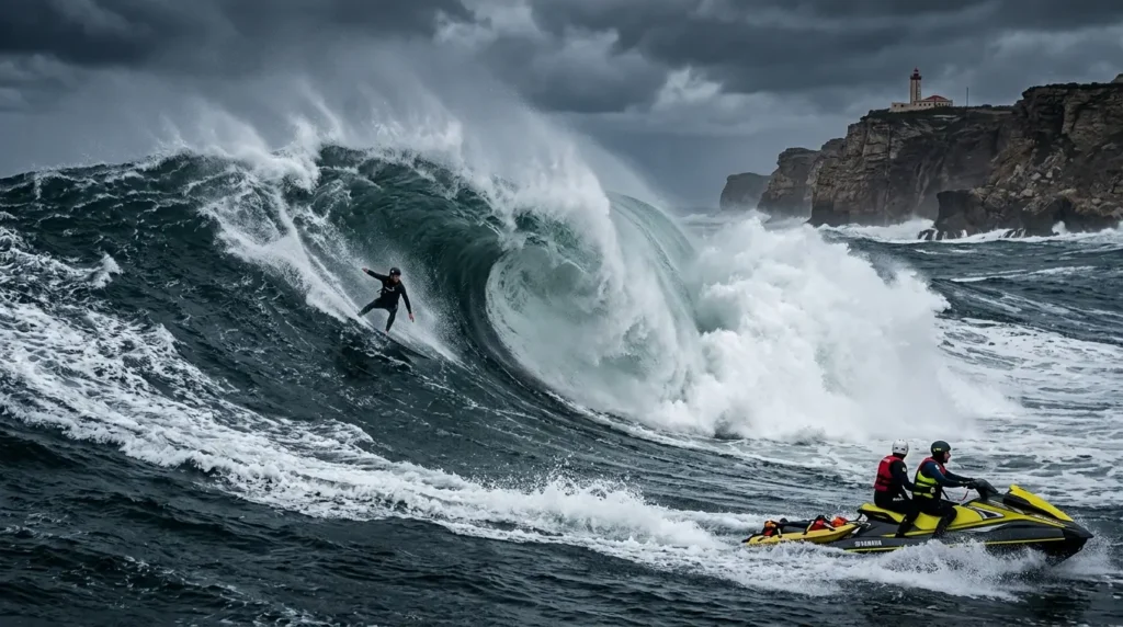 A surfer rides a massive wave under stormy skies, while two people on a yellow jet ski observe nearby. Cliffs with a lighthouse are in the background.
