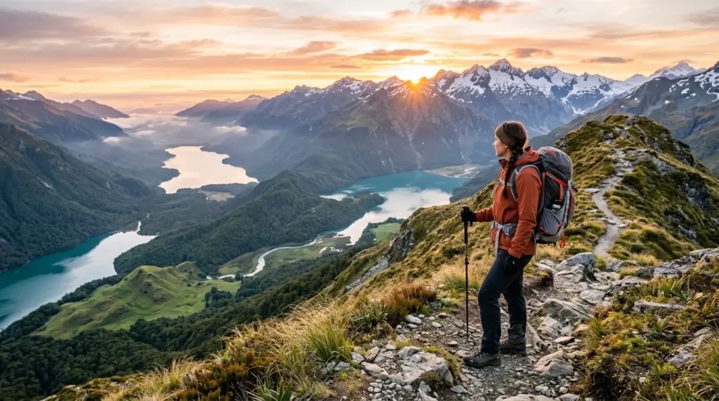 A hiker in an orange jacket stands on a mountain trail, overlooking a scenic landscape of lakes and snow-capped peaks at sunrise, evoking adventure.