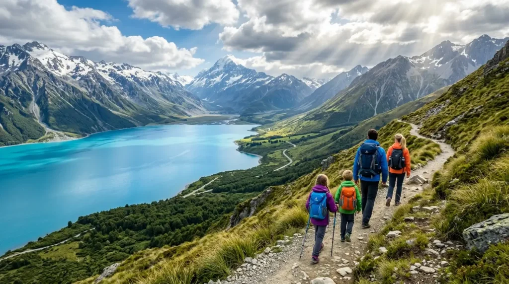 A family hikes on a mountain trail overlooking a serene turquoise lake. Snowy peaks and a partly cloudy sky create a majestic and peaceful scene.