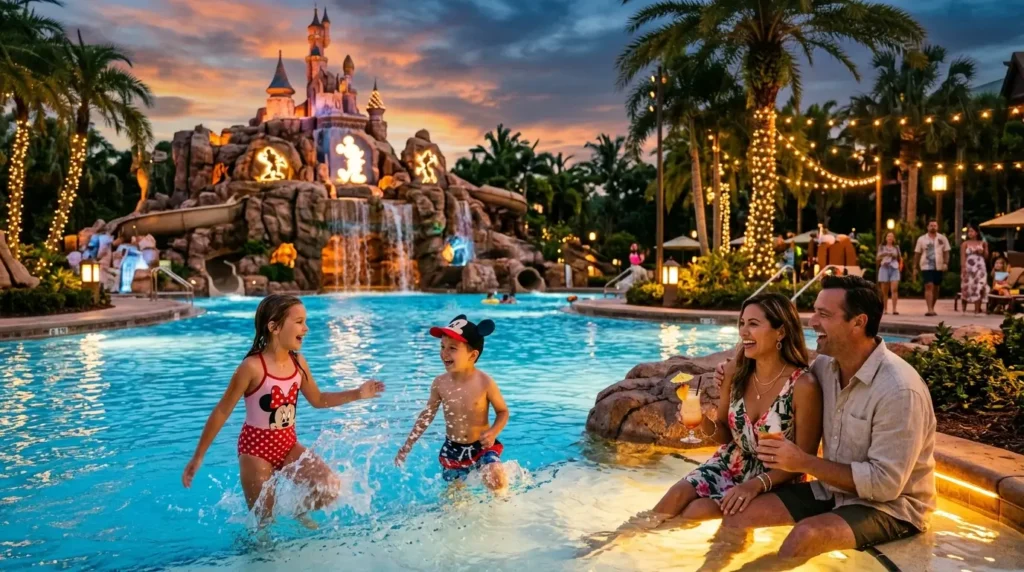 A family enjoys a resort pool at sunset, with a girl and boy playing in the water near a castle-themed waterfall, while parents smile nearby.