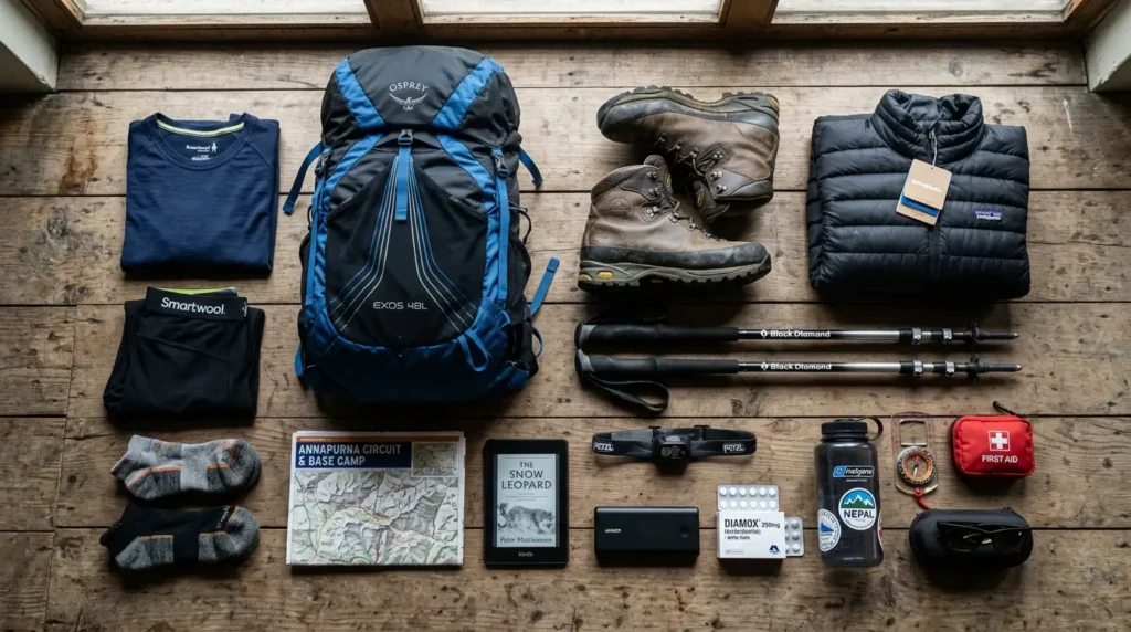 A neatly arranged flat lay of hiking gear on wooden floor: a blue backpack, brown boots, navy jacket, clothing, trekking poles, maps, and a first aid kit.