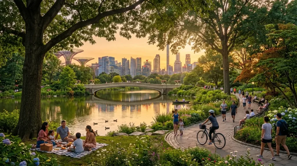 A serene park scene at sunset with a city skyline in the background. People are walking, cycling, and having a picnic by a lake, evoking calm and leisure.