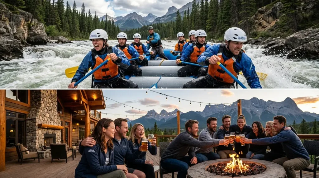 Top image: Group of people white-water rafting with excitement on a rocky river surrounded by pine trees and mountains. Bottom image: Same group joyfully toasting with drinks around a fire pit on a deck, with mountain views at sunset.
