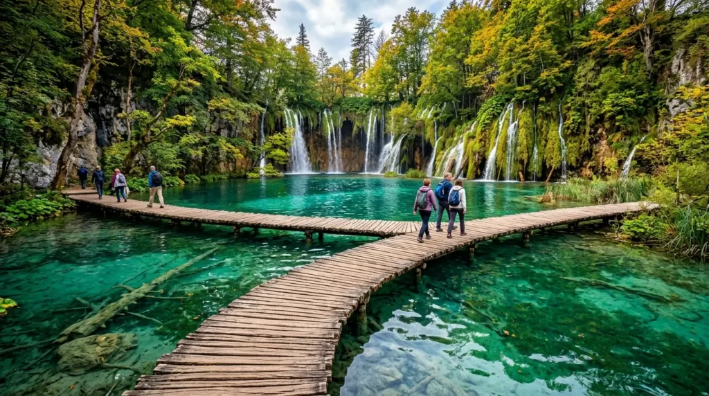A wooden path curves over vibrant turquoise water with several people walking. Lush green trees and cascading waterfalls surround the serene scene.