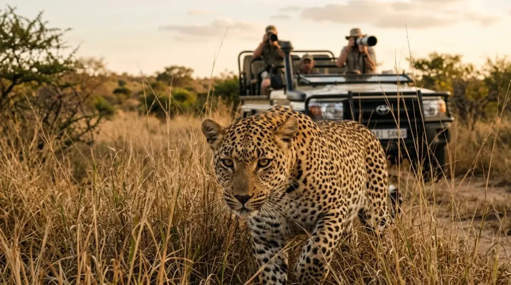 A leopard prowls through tall grass with a safari vehicle and photographers in the background. The setting sun casts a warm glow, creating a tranquil yet thrilling safari atmosphere.