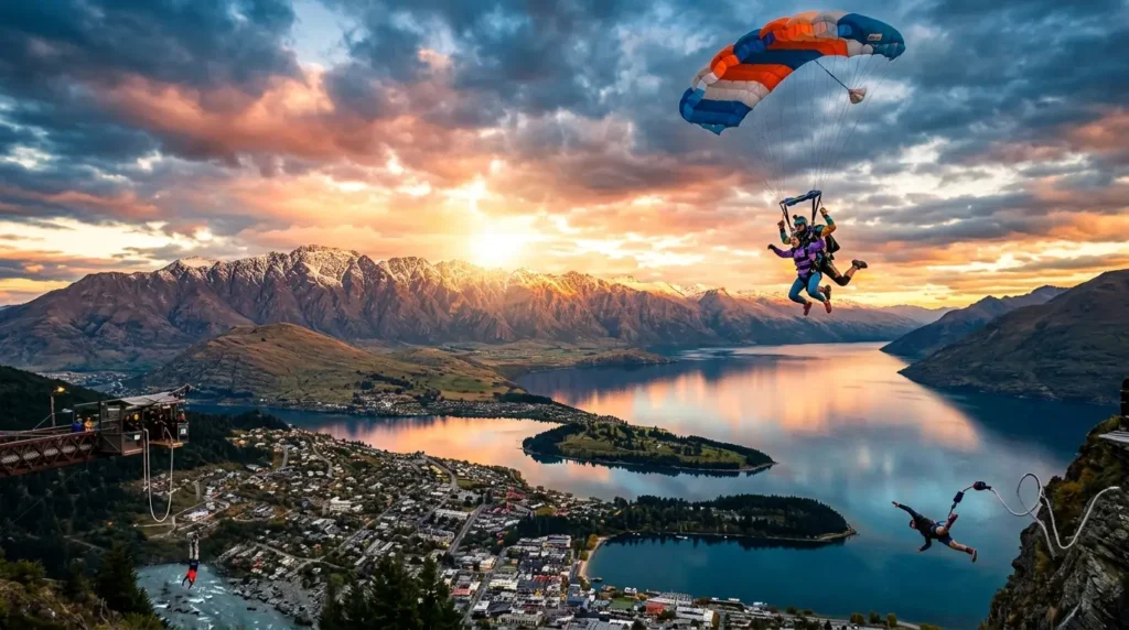 Parachuters glide over a scenic lake and town at sunset, with colorful parachutes and distant snow-capped mountains, conveying adventure and serenity.