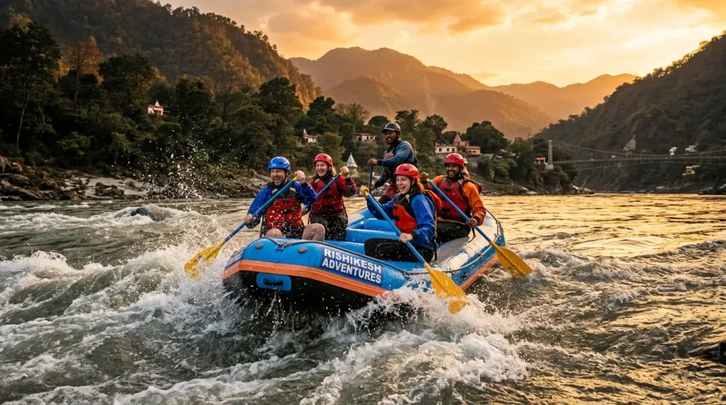 A group of six people joyfully whitewater rafting on a river at sunset, surrounded by lush green hills. The raft is labeled "Rishikesh Adventures."