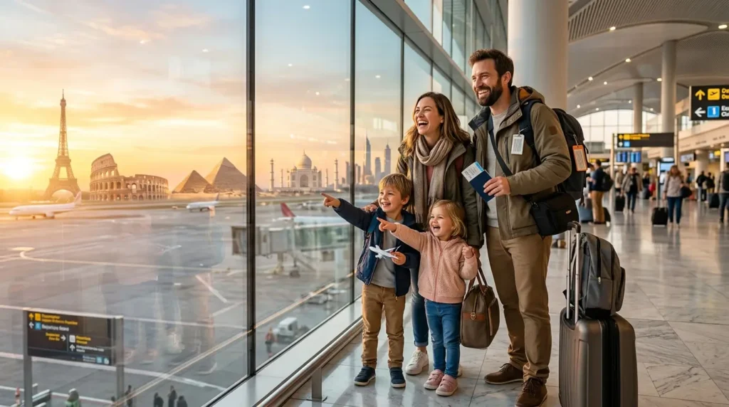 A joyful family of four at an airport window, with iconic landmarks like the Eiffel Tower and Colosseum outside. They look excited for their journey.
