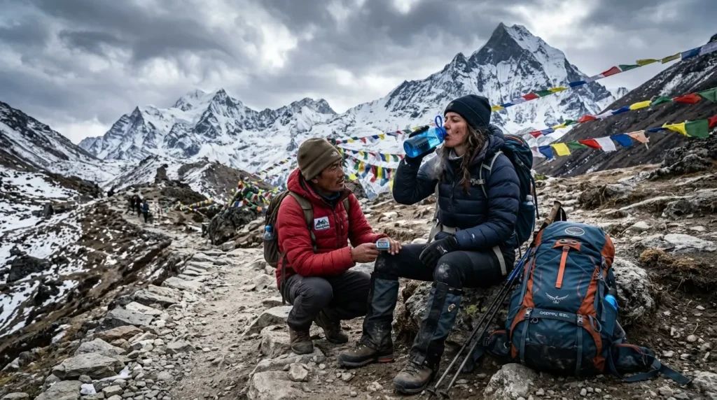 Two hikers rest on a rocky mountain path with snow-covered peaks in the background. One drinks water, the other holds a device. Prayer flags line the trail.