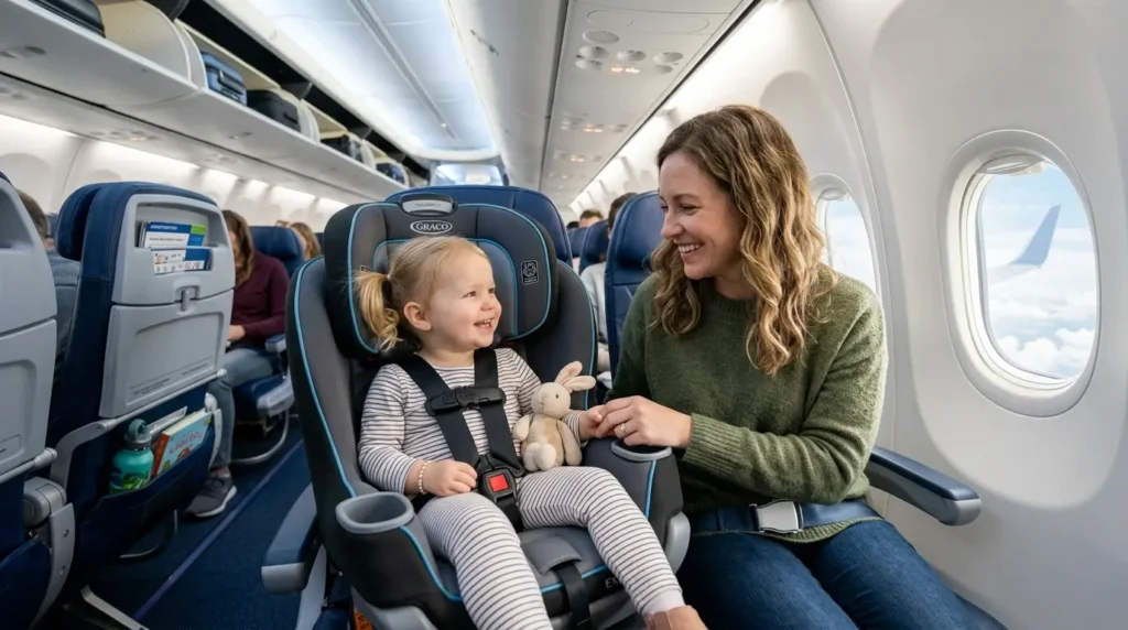 A smiling child in a striped outfit sits in a car seat on an airplane, holding a stuffed toy. A woman beside them looks at the child warmly. Airplane interior with seats and overhead bins visible.