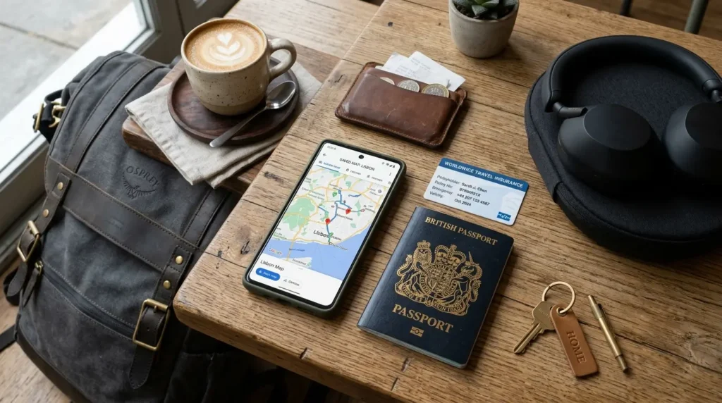 A wooden table with travel essentials: backpack, cappuccino, phone displaying a map, wallet, passport, insurance card, headphones, keys, and a pen. Cozy and organized.