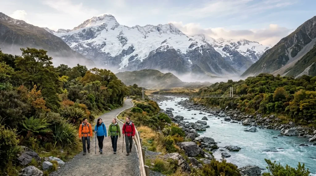 A group of four hikers walks on a path beside a river, framed by lush greenery and snow-capped mountains under a clear sky, creating a serene atmosphere.