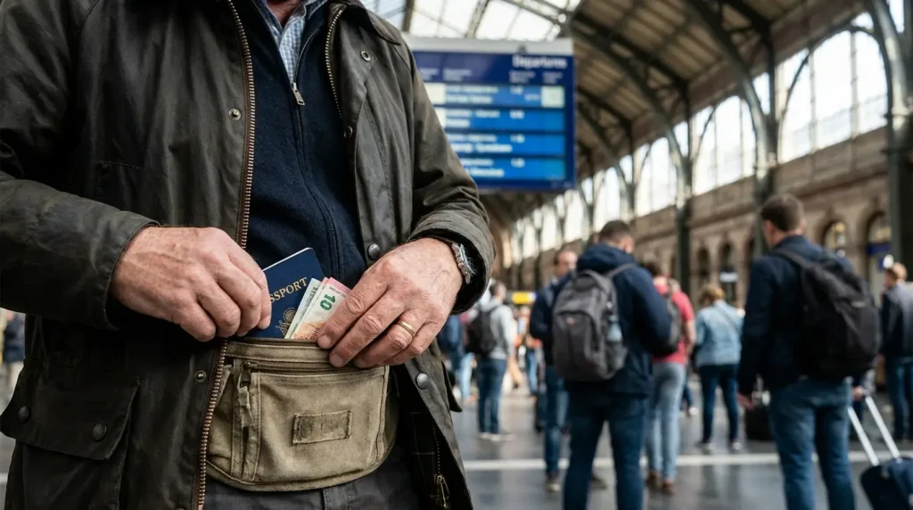 A man in a crowded train station stores cash and a passport in a waist pouch. People with luggage walk in the background, suggesting travel activity.