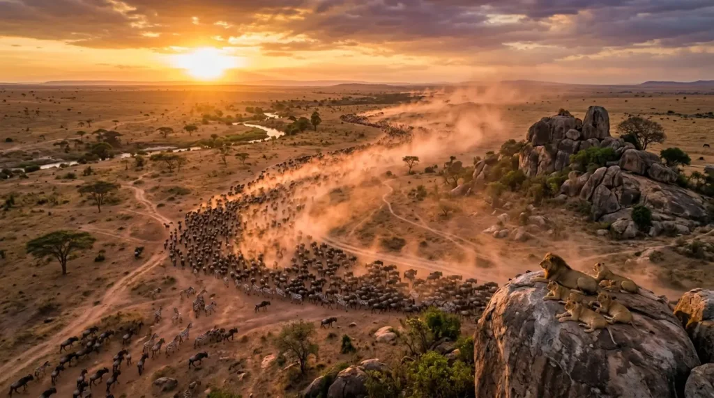 Lions rest on a rocky outcrop as a vast herd of wildebeests migrates across the dusty savannah at sunset. The scene conveys majesty and serenity.