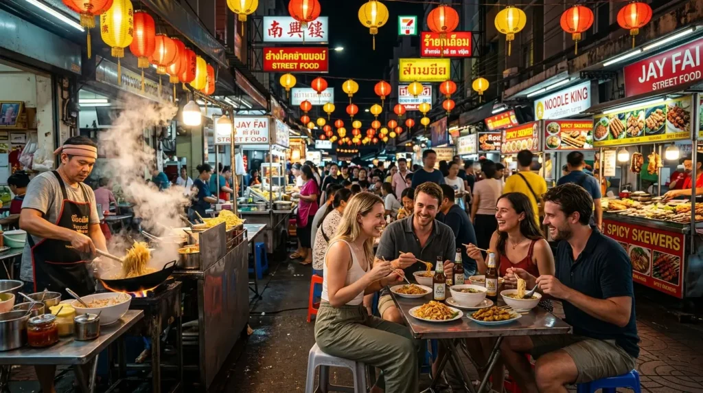 A bustling street food market at night with colorful lanterns. A chef cooks as a smiling group of four friends enjoys noodles at a table, conveying joy and warmth.