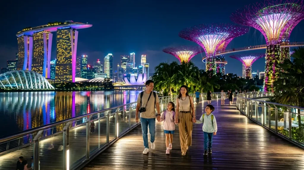 A family of four walks on a lit boardwalk at night in Singapore, with Marina Bay Sands and futuristic Supertree structures glowing vibrantly in the background.