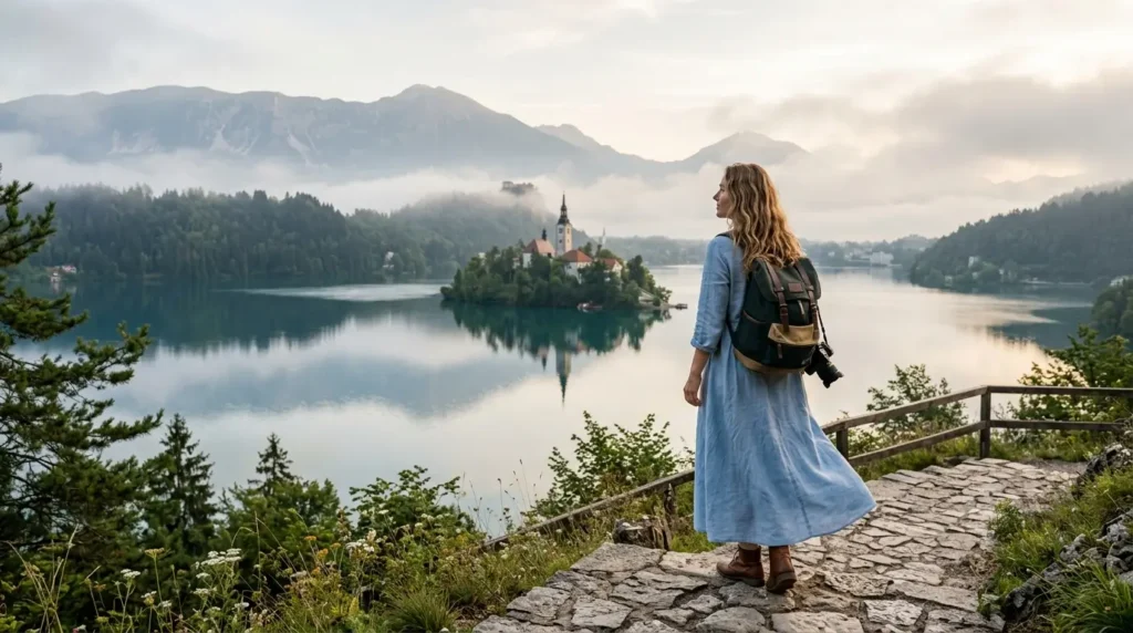 A woman in a blue dress stands on a stone path overlooking Lake Bled, with an island church and misty mountains, conveying a sense of tranquility.