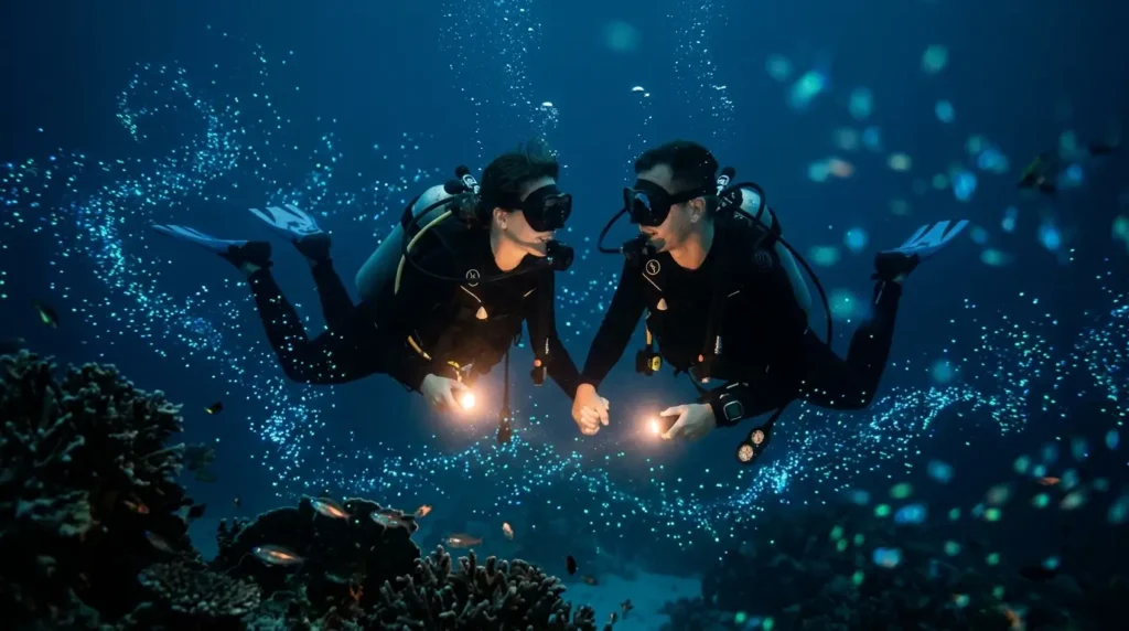 Two scuba divers in black wetsuits explore an enchanting underwater scene, illuminated by flashlights. Bubbles and fish surround them, creating a magical ambiance.