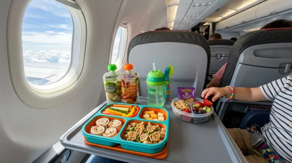 Tray of children's snacks with juice and water bottles on an airplane tray table; window shows clouds outside. Kid's arm reaches for fruit. Bright and cheerful.