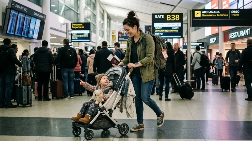 A smiling woman pushes a child in a stroller through a busy airport terminal. The child holds a toy, and flight information screens are visible overhead.