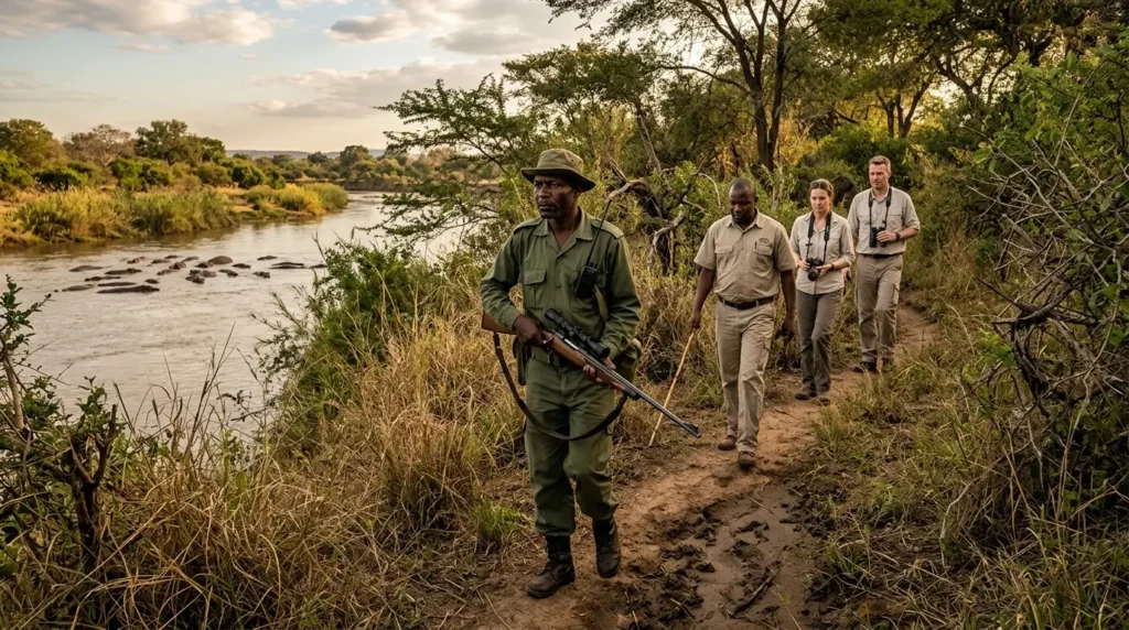 A guide leads a safari walk along a riverbank with three tourists, all holding binoculars. The scene is lush, evoking a sense of adventure and exploration.