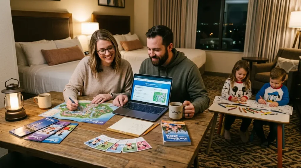 A smiling couple at a wooden table in a cozy hotel room, planning a Disney trip using maps and a laptop, while two kids color nearby. Emotions: joyful, family-oriented.