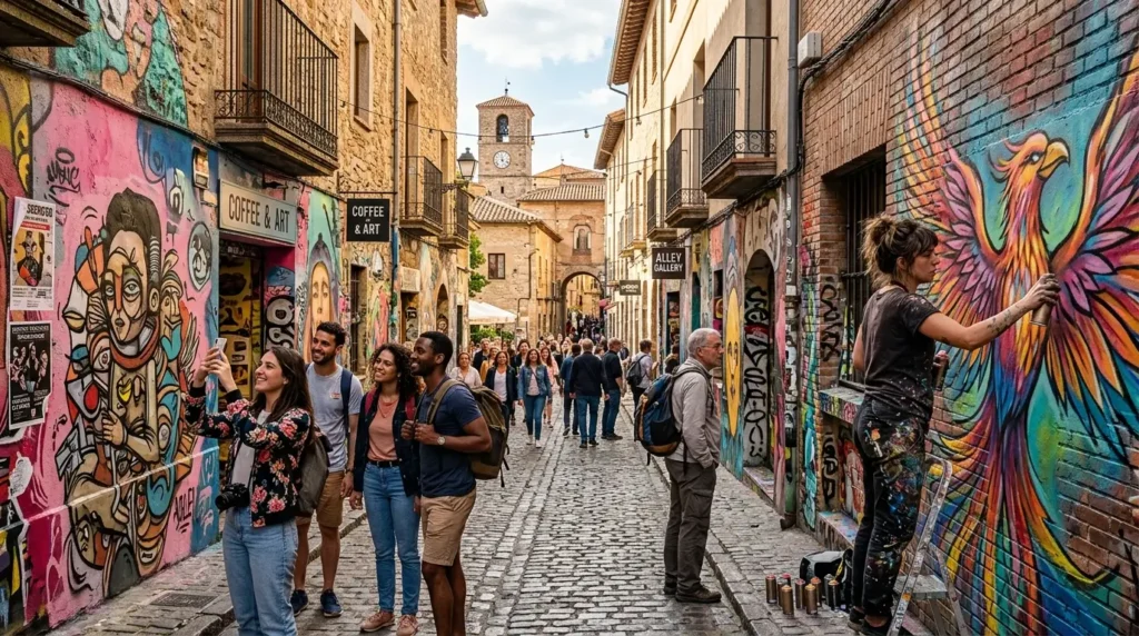 A lively cobblestone street with colorful graffiti on brick walls. A woman paints a vibrant phoenix while tourists take photos and stroll, creating a bustling atmosphere.