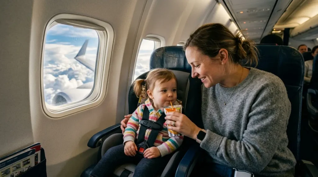 A mother smiling at her toddler on an airplane. The child drinks juice, wearing a colorful sweater. Clouds and plane wing visible through window. Cozy and cheerful atmosphere.